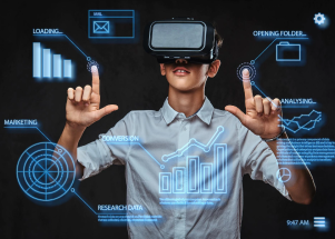 A person using virtual reality equipment interacting with a digital interface, representing VR technology in marketing and data analysis.