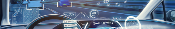 Futuristic car dashboard with holographic display showing self-driving mode, highlighting advanced automotive technology and smart vehicle features.